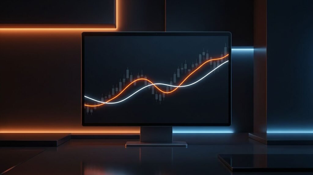 painel de trading moderno com gráfico de médias móveis cruzando em tela premium, linhas de sinal em destaque, fundo escuro com acento laranja #fa7619, estilo minimalista e clean, fotorealista 4k blog